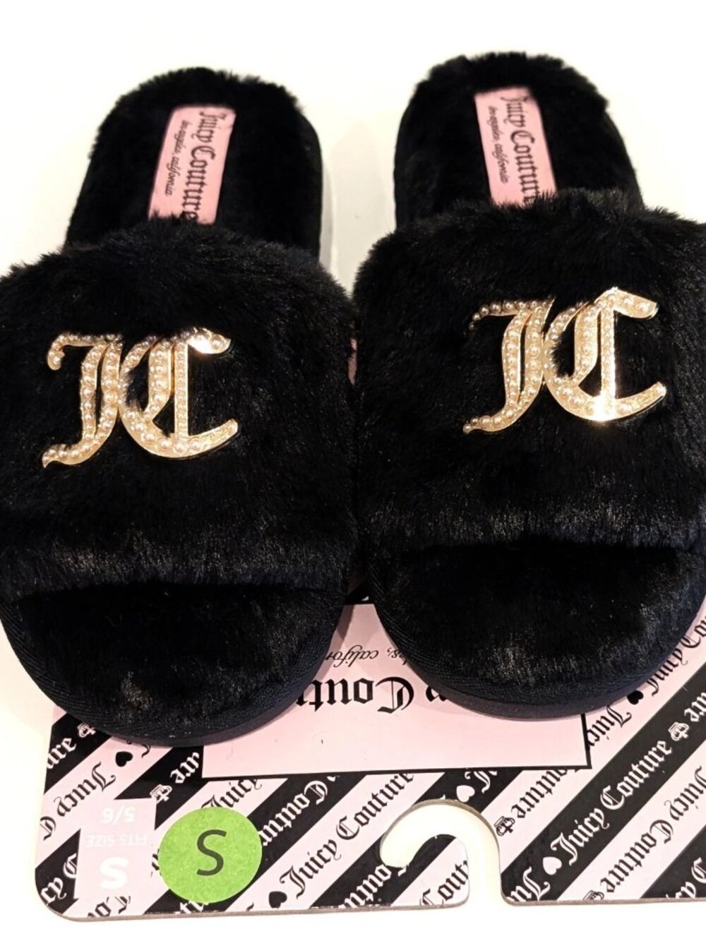 Juicy Couture Herin Black Faux Fur Pearl JC Logo Slide Slippers Small S 5-6 NWT
